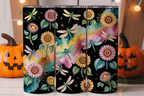 Sunflower Dragonfly Tumbler Wrap Sublimation PixelChick 