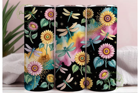 Sunflower Dragonfly Tumbler Wrap Sublimation PixelChick 