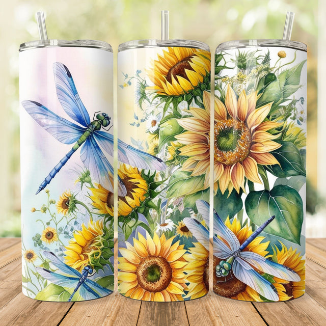 Sunflower Dragonfly Tumbler Wrap, Watercolor Tumbler Design, Sublimation Design, Digital Download, Skinny 20oz Tumbler Wrap Sublimation She Shed Craft Store 