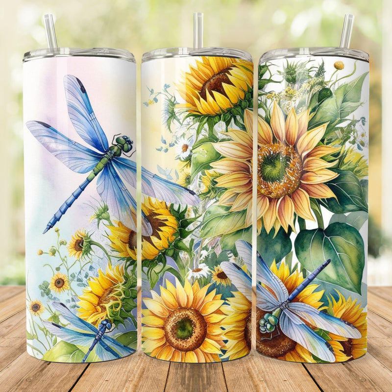 Sunflower Dragonfly Tumbler Wrap, Watercolor Tumbler Design, Sublimation Design, Digital Download, Skinny 20oz Tumbler Wrap Sublimation She Shed Craft Store 