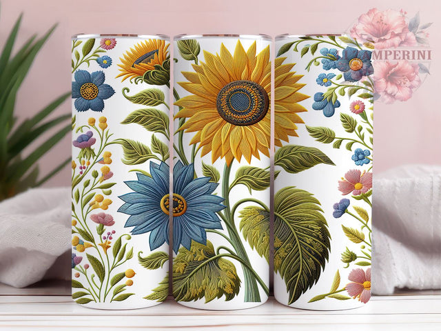 Sunflower Embroidery 20oz Tumbler Wrap PNG, Sunflower Tumbler Png, Straight & Tapered Tumbler Wrap, Instant Digital Download Sublimation Li Zamperini 