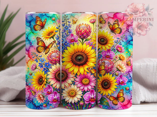 Sunflower Exotic Blooms 20oz Tumbler, Sunflower Motif, Exotic Blooms, Floral Pattern, Nature Theme, Whimsical Charm, Skinny Tumbler, Sublimation PNG Sublimation Li Zamperini 