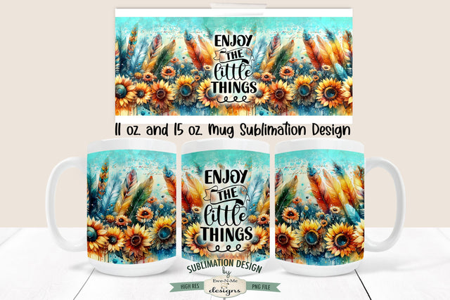 Sunflower Feathers Boho Sublimation Mug Design - 11 & 15 oz sizes Sublimation Ewe-N-Me Designs 
