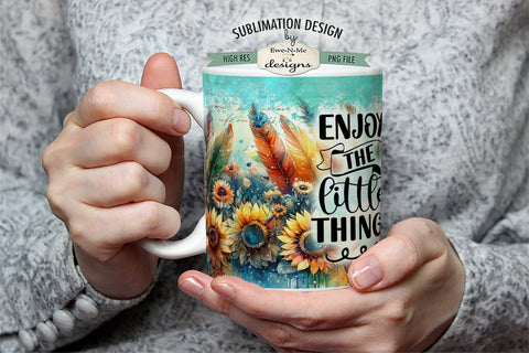 Sunflower Feathers Boho Sublimation Mug Design - 11 & 15 oz sizes Sublimation Ewe-N-Me Designs 