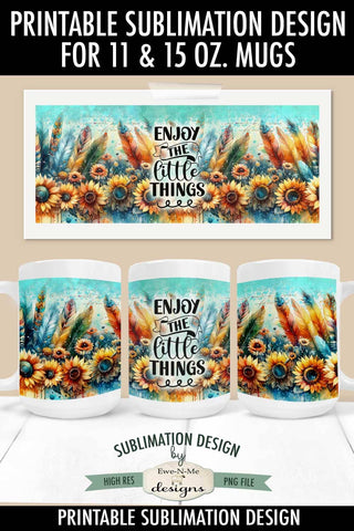 Sunflower Feathers Boho Sublimation Mug Design - 11 & 15 oz sizes Sublimation Ewe-N-Me Designs 