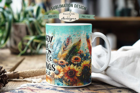 Sunflower Feathers Boho Sublimation Mug Design - 11 & 15 oz sizes Sublimation Ewe-N-Me Designs 