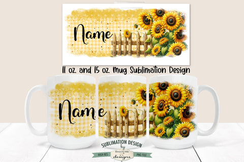 Sunflower Fence 11 & 15 oz Mug Sublimation Design - Add Your Own Name Sublimation Ewe-N-Me Designs 