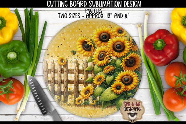 Sunflower Fence Cutting Board Design | ROUND Sublimation Sublimation Ewe-N-Me Designs 