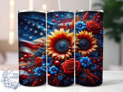 Sunflower Flag Patriotic Tumbler, Patriotic Floral Wrap, American Flag PNG, 20oz Sublimation Design, Red White Blue Flower, USA Sunflower Tumbler, Fourth Of July Wrap Sublimation ToriDesigns 