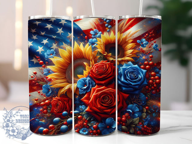 Sunflower Flag Patriotic Tumbler, Patriotic Floral Wrap, American Flag PNG, 20oz Sublimation Design, Red White Blue Flower, USA Sunflower Tumbler, Fourth Of July Wrap Sublimation ToriDesigns 