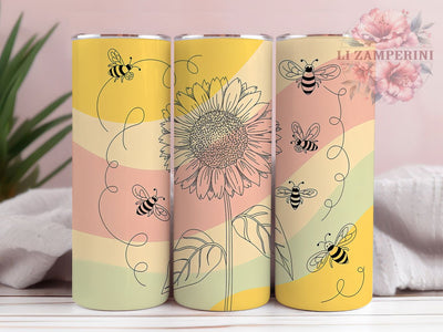 Sunflower Floral Bee Tumbler, Floral Bee Wrap, Nature Sunflower Cup, 20oz Sublimation Wrap, Stylish Bee Design Tumbler, Artistic Sunflower Cup, Botanical Bee Theme Wrap Sublimation Li Zamperini 