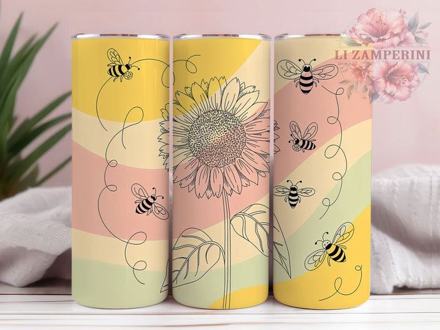 Sunflower Floral Bee Tumbler, Floral Bee Wrap, Nature Sunflower Cup, 20oz Sublimation Wrap, Stylish Bee Design Tumbler, Artistic Sunflower Cup, Botanical Bee Theme Wrap Sublimation Li Zamperini 