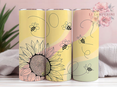 Sunflower Floral Bee Tumbler, Floral Bee Wrap, Nature Sunflower Cup, 20oz Sublimation Wrap, Stylish Bee Design Tumbler, Artistic Sunflower Cup, Botanical Bee Theme Wrap Sublimation Li Zamperini 