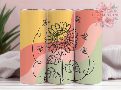 Sunflower Floral Bee Tumbler, Floral Bee Wrap, Nature Sunflower Cup, 20oz Sublimation Wrap, Stylish Bee Design Tumbler, Artistic Sunflower Cup, Botanical Bee Theme Wrap Sublimation Li Zamperini 