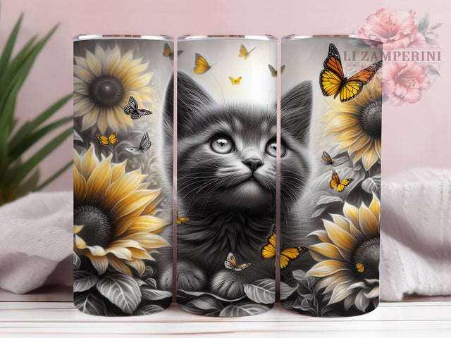 Sunflower Floral Kitten Tumbler, Cute Cat Tumbler, Floral Kitten 20oz Wrap, Sublimation Design, Cat Lover Gift, Adorable Kitten Wrap, Sunflower Cat Tumbler Sublimation Li Zamperini 
