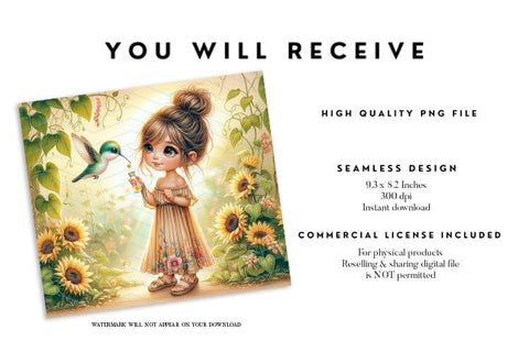 Sunflower Girl and Hummingbird Tumbler Wrap PNG Sublimation BijouBay 