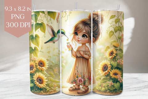 Sunflower Girl and Hummingbird Tumbler Wrap PNG Sublimation BijouBay 