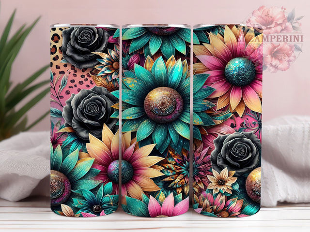 Sunflower Glitter Leopard 20oz Boho Tumbler, Leopard Print Tumbler, 20oz Sublimation Wrap, Floral Leopard Tumbler, Boho Aesthetic Tumbler, Fall Sunflower Gift Sublimation Li Zamperini 