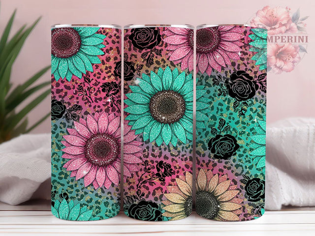 Sunflower Glitter Leopard 20oz Boho Tumbler, Leopard Print Tumbler, 20oz Sublimation Wrap, Floral Leopard Tumbler, Boho Aesthetic Tumbler, Fall Sunflower Gift Sublimation Li Zamperini 
