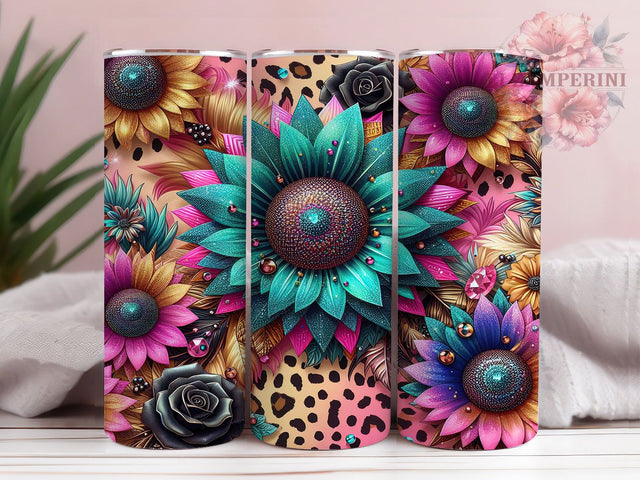 Sunflower Glitter Leopard 20oz Boho Tumbler, Leopard Print Tumbler, 20oz Sublimation Wrap, Floral Leopard Tumbler, Boho Aesthetic Tumbler, Fall Sunflower Gift Sublimation Li Zamperini 