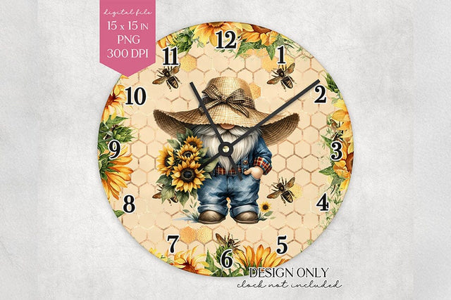 Sunflower Gnome Wall Clock Sublimation Design PNG Sublimation BijouBay 