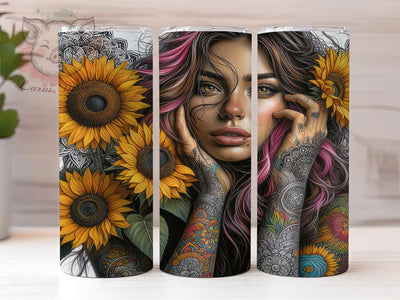 Sunflower Goddess Inked Woman Tumbler Wrap, Sunflower Goddess Design, Inked Woman Cup, Floral Tattoo Pattern, Alternative Goddess Gift, Bohemian Woman Art, Flower Girl Design Sublimation Lara' s Designs 