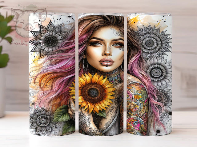 Sunflower Goddess Inked Woman Tumbler Wrap, Sunflower Goddess Design, Inked Woman Cup, Floral Tattoo Pattern, Alternative Goddess Gift, Bohemian Woman Art, Flower Girl Design Sublimation Lara' s Designs 
