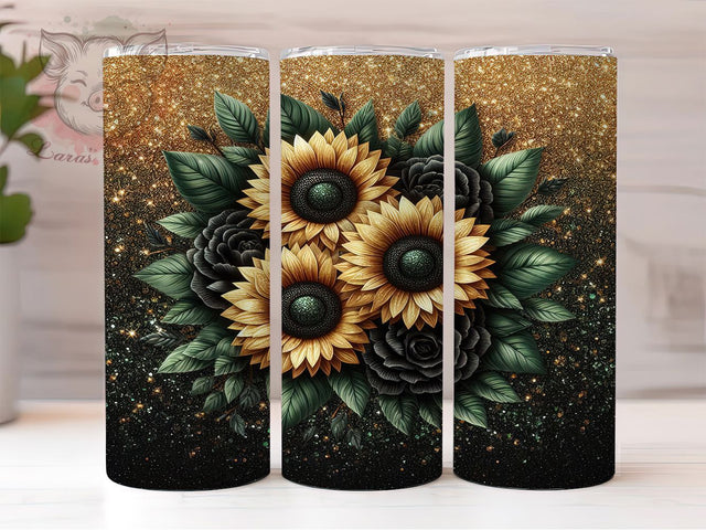 Sunflower Gold Glitter Tumbler Wrap, Gold Glitter Tumbler, Floral Cup Design, 20oz Sunflower PNG, Elegant Glitter Tumbler Wrap, Yellow Flower Cup, Shimmer Sunflower Tumbler Sublimation Lara' s Designs 