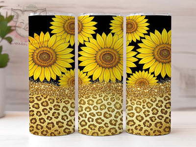 Sunflower Gold Leopard 20oz Tumbler, Leopard Print, Sunflower Motif, Gold Glam, Floral Theme, Bold Aesthetic, 20oz Wrap, Sublimation Tumbler Sublimation Lara' s Designs 
