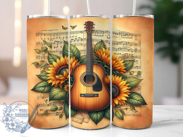 Sunflower Guitar 20oz Skinny Tumbler, Guitar Tumbler Png, Straight & Tapered Tumbler Wrap, Instant Digital Download Sublimation ToriDesigns 