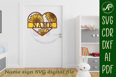 Sunflower heart name sign svg laser cut file SVG APInspireddesigns 