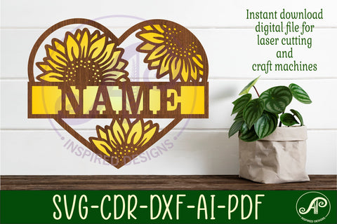 Sunflower heart name sign svg laser cut file SVG APInspireddesigns 