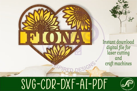Sunflower heart name sign svg laser cut file SVG APInspireddesigns 
