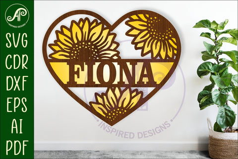 Sunflower heart shape name sign svg laser cut file SVG APInspireddesigns 