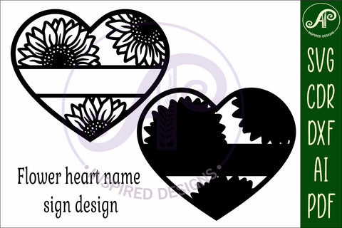 Sunflower heart shape name sign svg laser cut file SVG APInspireddesigns 