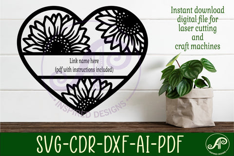 Sunflower heart shape name sign svg laser cut file SVG APInspireddesigns 