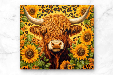 Sunflower Highland Cow 20oz Skinny Tumbler Wrap Sublimation Design. Sublimation CosmosFineArt 