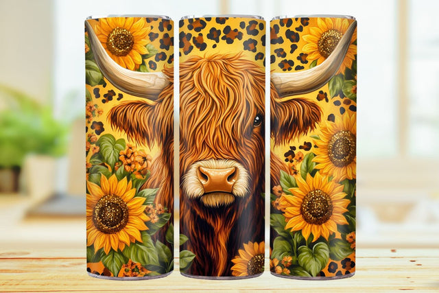 Sunflower Highland Cow 20oz Skinny Tumbler Wrap Sublimation Design. Sublimation CosmosFineArt 
