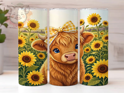 Sunflower Highland Cow 20oz Tumbler, Highland Cow Motif, Sunflower Art Design, Rustic Theme, Whimsical Accent, Country Charm, Sublimation Wrap, 20oz Tumbler Sublimation Lara' s Designs 