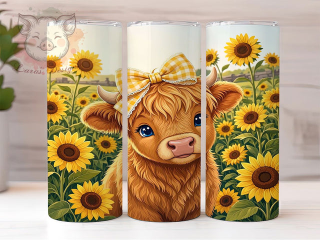 Sunflower Highland Cow 20oz Tumbler, Highland Cow Motif, Sunflower Art Design, Rustic Theme, Whimsical Accent, Country Charm, Sublimation Wrap, 20oz Tumbler Sublimation Lara' s Designs 
