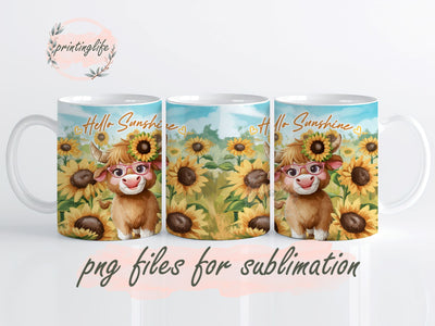 Sunflower Highland Cow Mug Wrap Design, Instant Digital Design Download Mug Wrap Design, Mug Design PNG Sublimation PrintingLife 