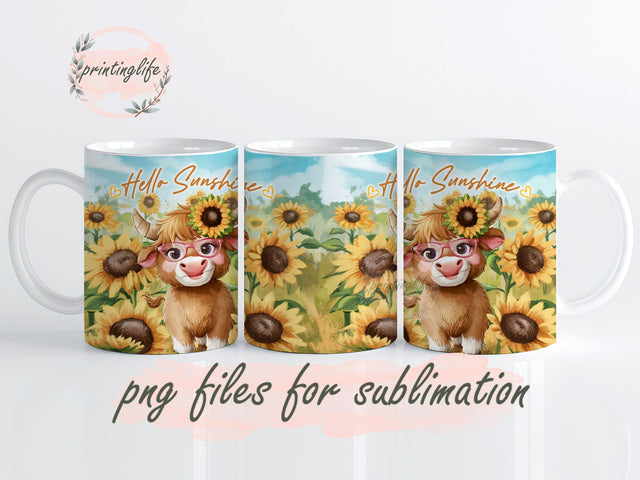 Sunflower Highland Cow Mug Wrap Design, Instant Digital Design Download Mug Wrap Design, Mug Design PNG Sublimation PrintingLife 