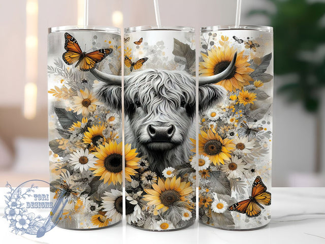 Sunflower Highland Cow Tumbler, Sunflower Wrap, Western Floral Design, Sublimation Cup, 20oz Skinny Tumbler, Country Drinkware, Farmhouse Style Sublimation ToriDesigns 