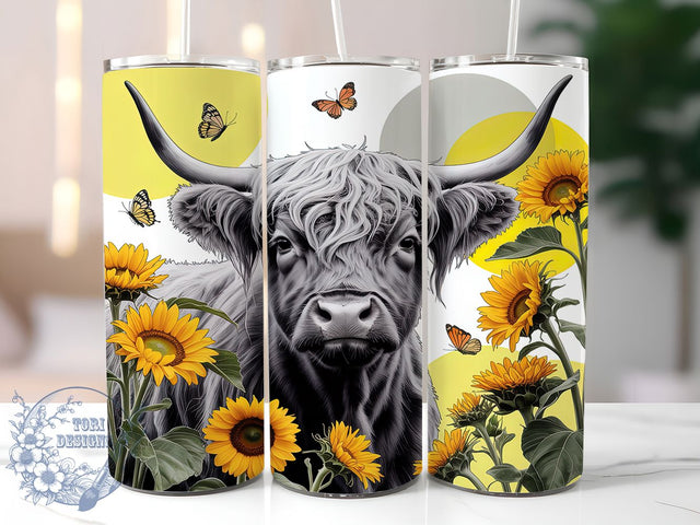 Sunflower Highland Cow Tumbler, Sunflower Wrap, Western Floral Design, Sublimation Cup, 20oz Skinny Tumbler, Country Drinkware, Farmhouse Style Sublimation ToriDesigns 