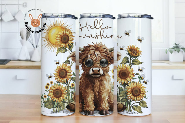 Sunflower Highland Cow Tumbler Wrap, Bees 20 Oz Skinny Sublimation Tumbler PNG, Cute Hello Sunshine Summer Sublimation Rabbitmakies 