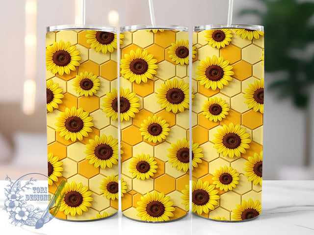 Sunflower Honeycomb Grid 20oz Tumbler Wrap, Sunflower Motif, Honeycomb Pattern, Rustic Charm, Farmhouse Style, Vintage Design, Skinny Tumbler, Sublimation PNG Sublimation ToriDesigns 
