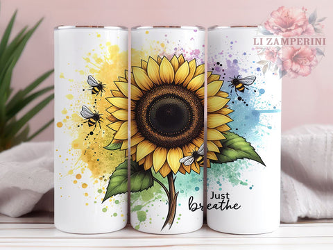 Sunflower Just Breathe 20 oz Skinny Tumbler Sublimation Design, Straight & Tapered Tumbler Png, Positive Affirmation Tumbler Png, Digital Download PNG Sublimation Li Zamperini 