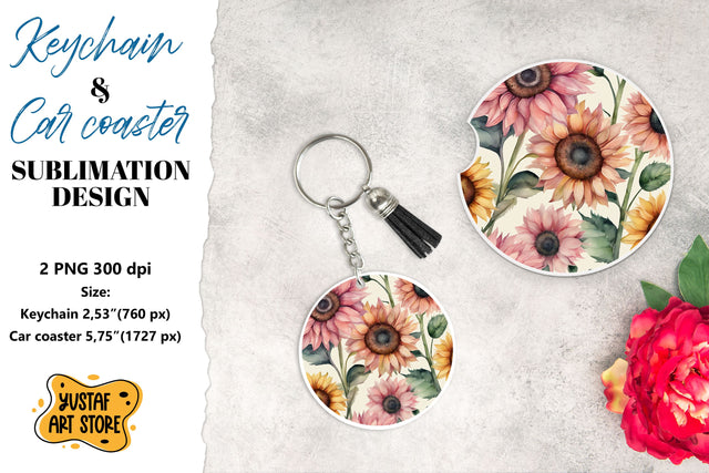 Sunflower Keychain & Car coaster sublimation. Sublimation Yustaf Art Store 
