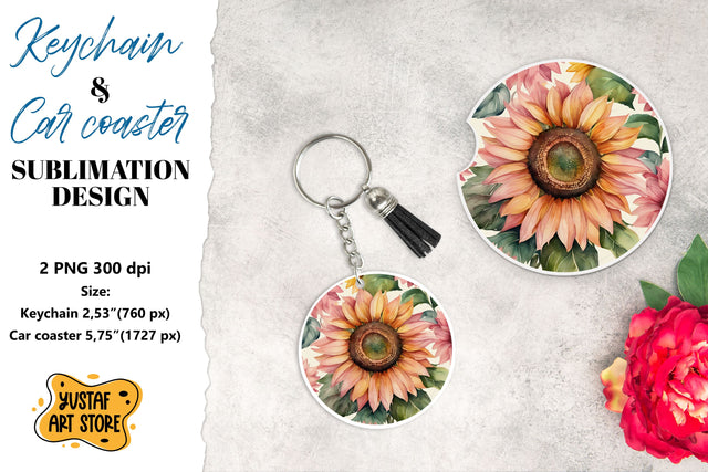 Sunflower Keychain & Car coaster sublimation. Sublimation Yustaf Art Store 