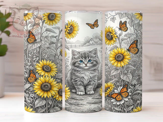 Sunflower Kitten 20oz Tumbler, Sunflower Kitten, Kitten Tumbler, Sunflower Tumbler, Cat Tumbler Wrap, Sunflower Cat PNG, Kitten Wrap PNG, 20oz Tumbler Wrap Sublimation Lara' s Designs 